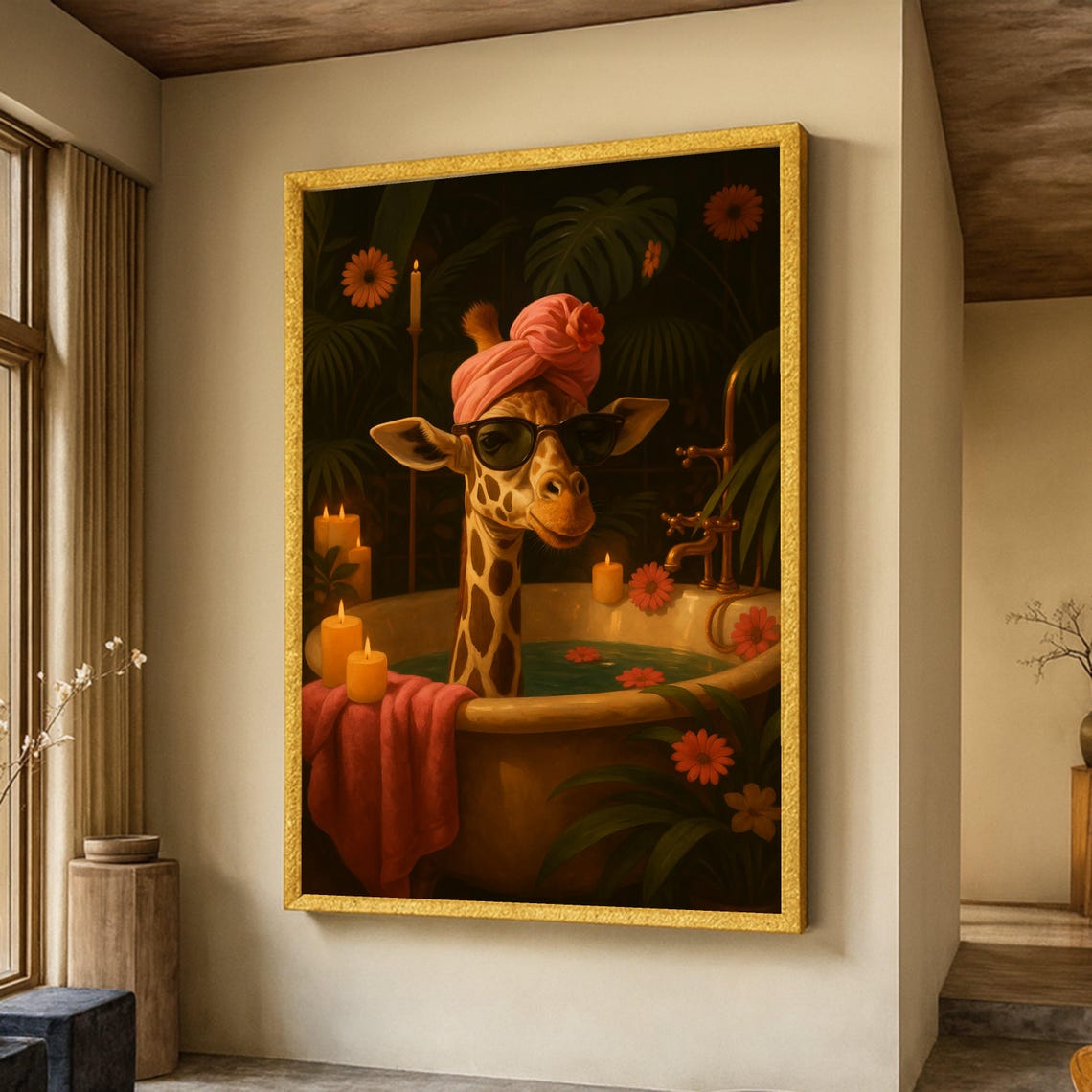 Giraffe Spa Bath With Sunglasses Towel Turban Whimsical Art Poster
