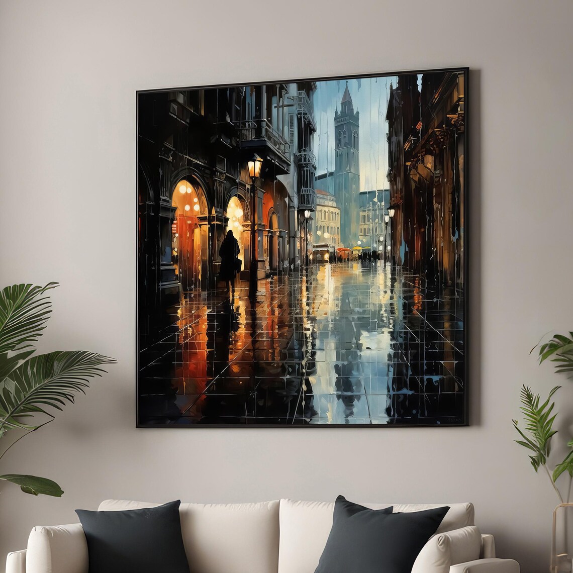 Rainy Cityscape With Glowing Lights, Urban Scene