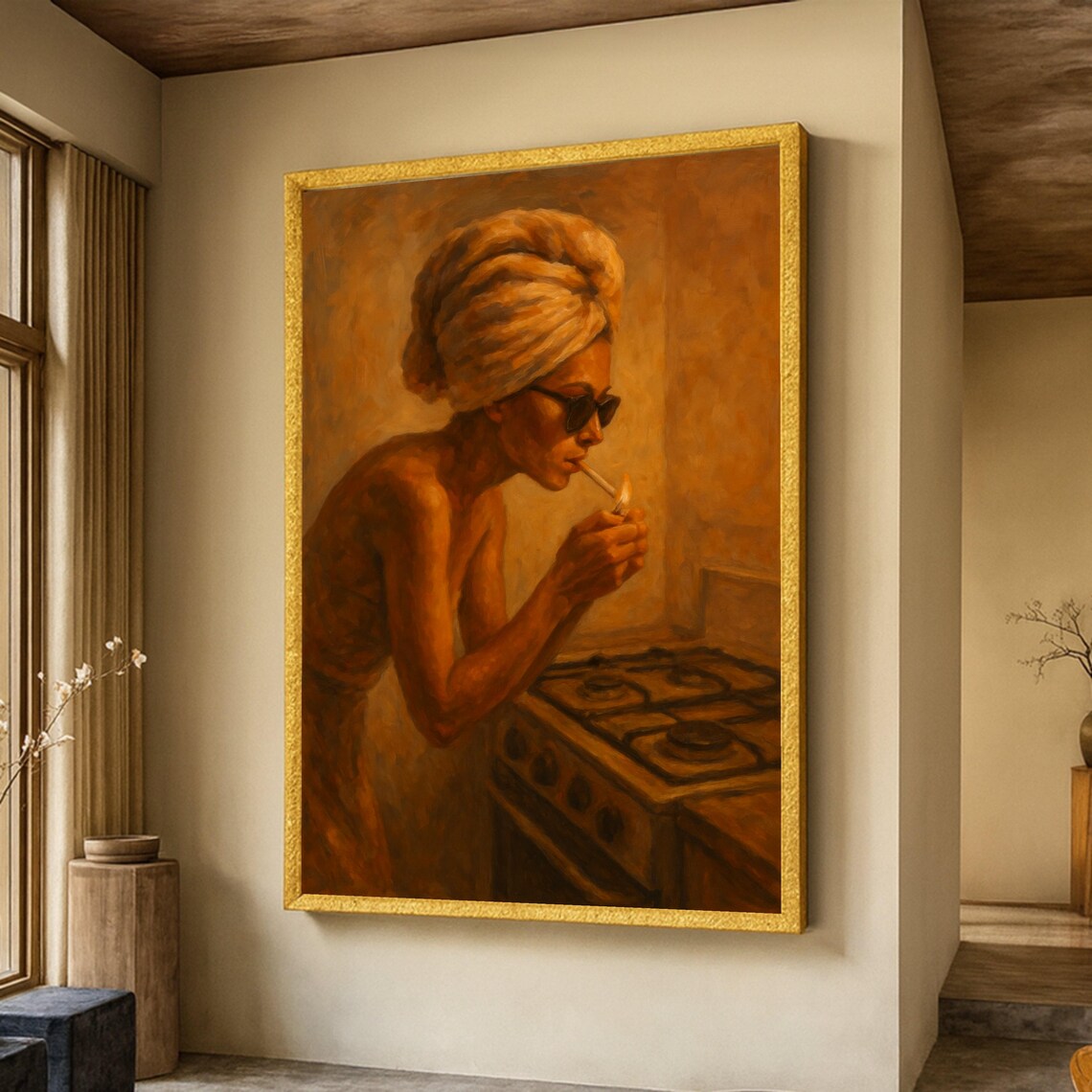 Vintage Woman Lighting Candle, Retro Kitchen Scene Art Print