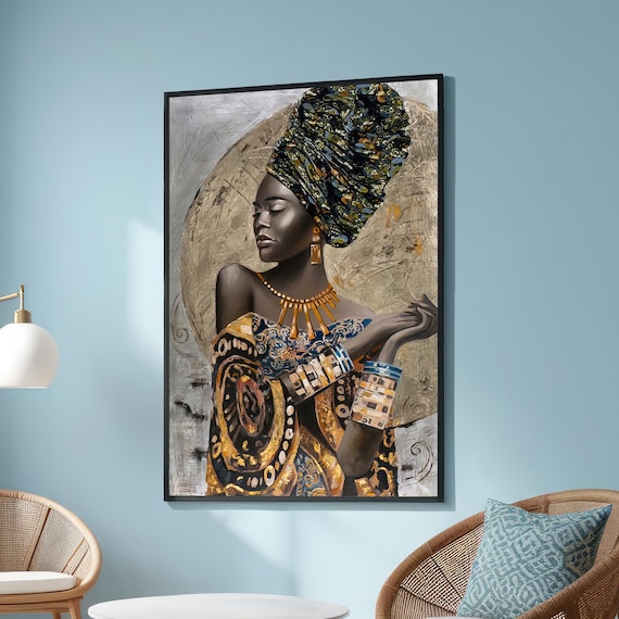 African Woman Headwrap Patterned Dress Regal Portrait Artwork Poster