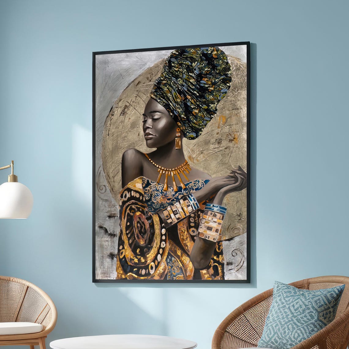 African Woman Headwrap Patterned Dress Regal Portrait Artwork Poster