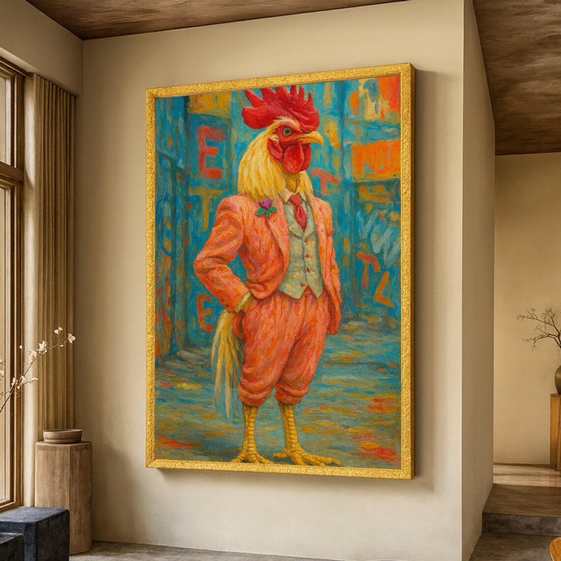 Dapper Rooster In Pink Suit Whimsical Animal Portrait Canvas Poster