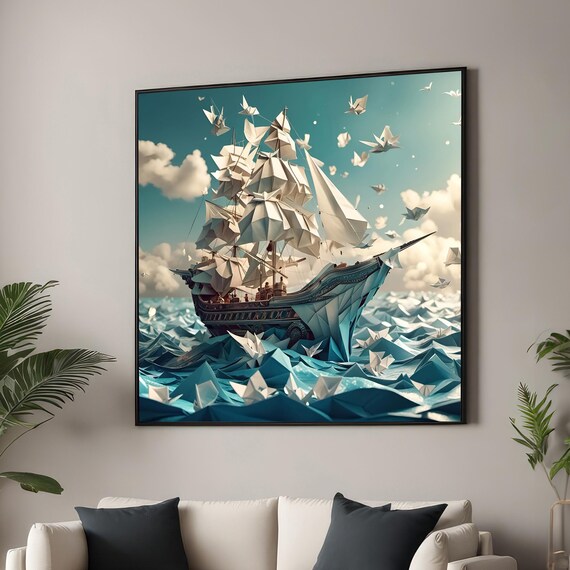 Origami Paper Ship Sailing Paper Ocean Surreal Whimsy Poster