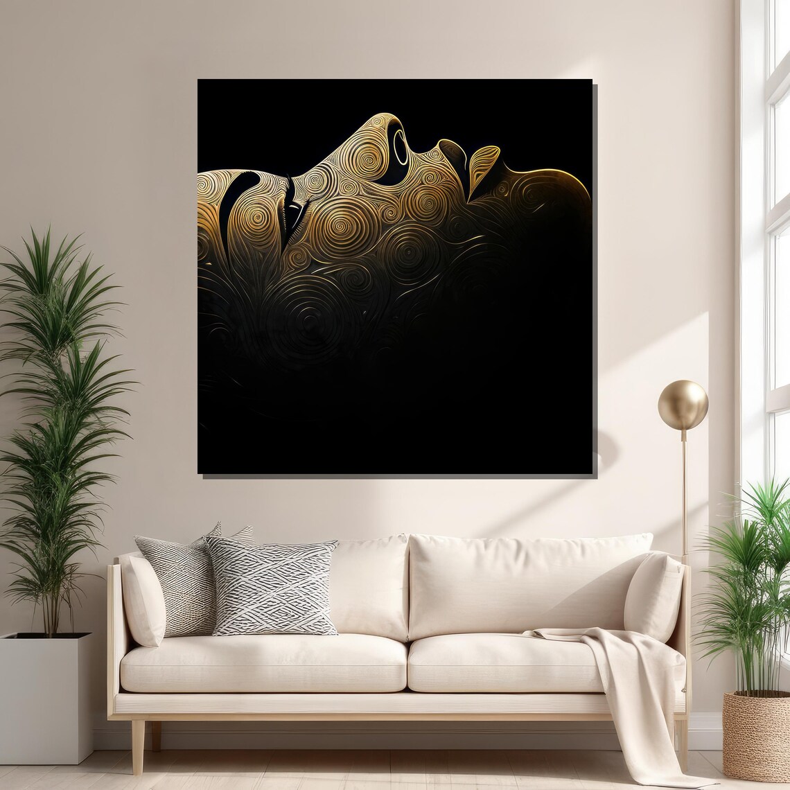Abstract Face With Spiraling Golden Patterns, Minimalist Art - Image 2