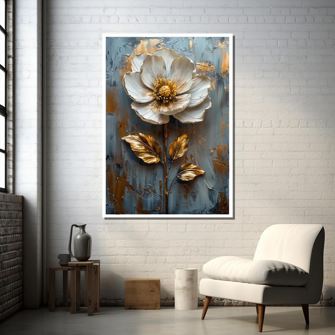 Metallic Gold Flower On Blue, Textured Floral Art Print - Image 4