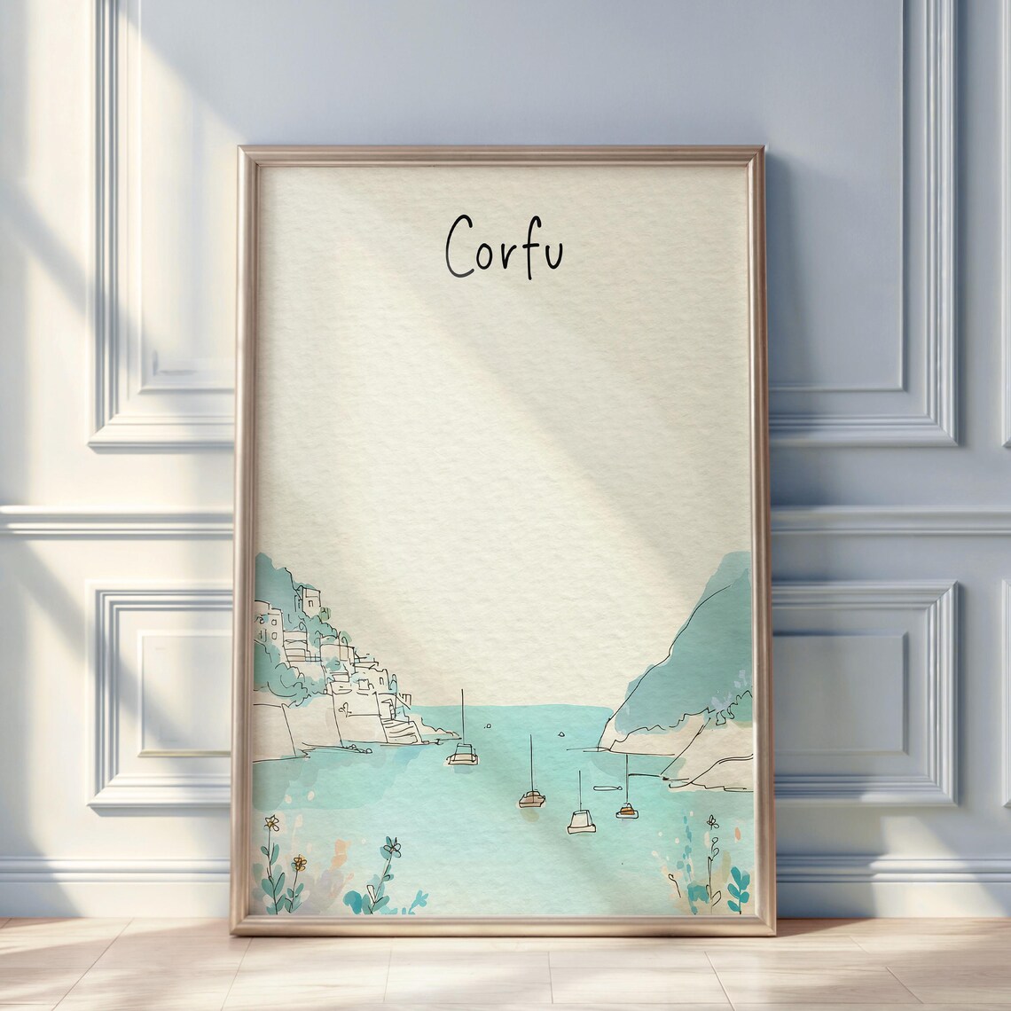 Corfu Watercolor Travel Poster, Minimal City Illustration