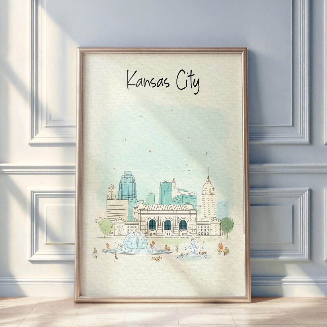 Kansas City Watercolor Skyline Hand Lettered Union Station Fountain Poster