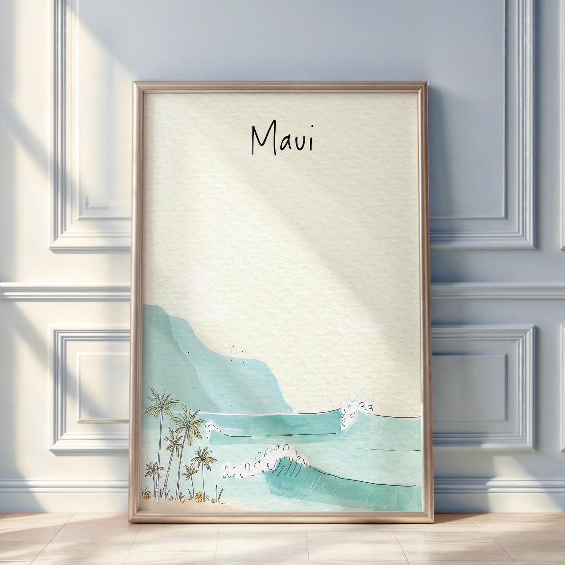 Maui Hawaii Watercolor Hand Lettered Palm Trees Ocean Waves Poster