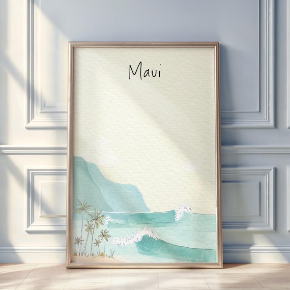 Maui Hawaii Watercolor Hand Lettered Palm Trees Ocean Waves Poster