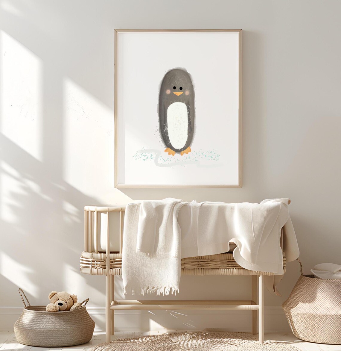 Cute Gray Baby Penguin Watercolor Winter Arctic Nursery Wall Art - Image 2