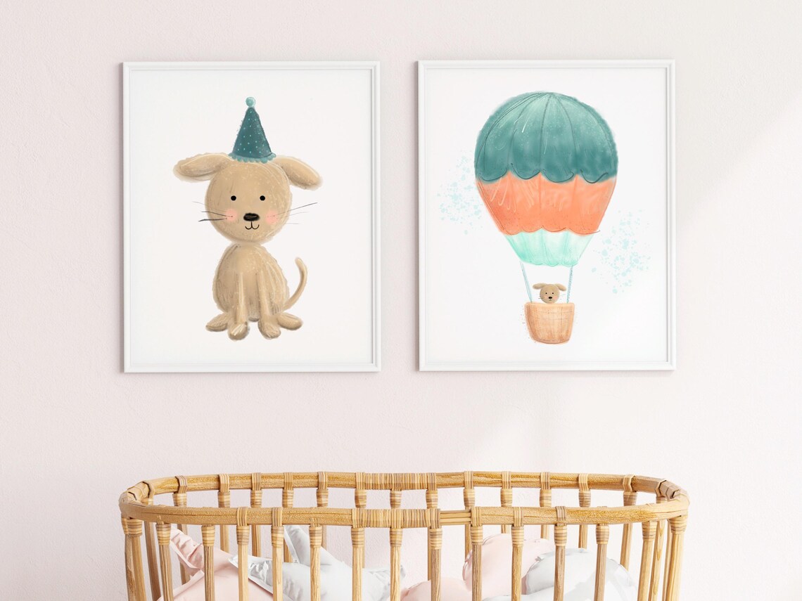 Cute Puppy with Party Hat Watercolor Nursery Birthday Wall Art - Image 2