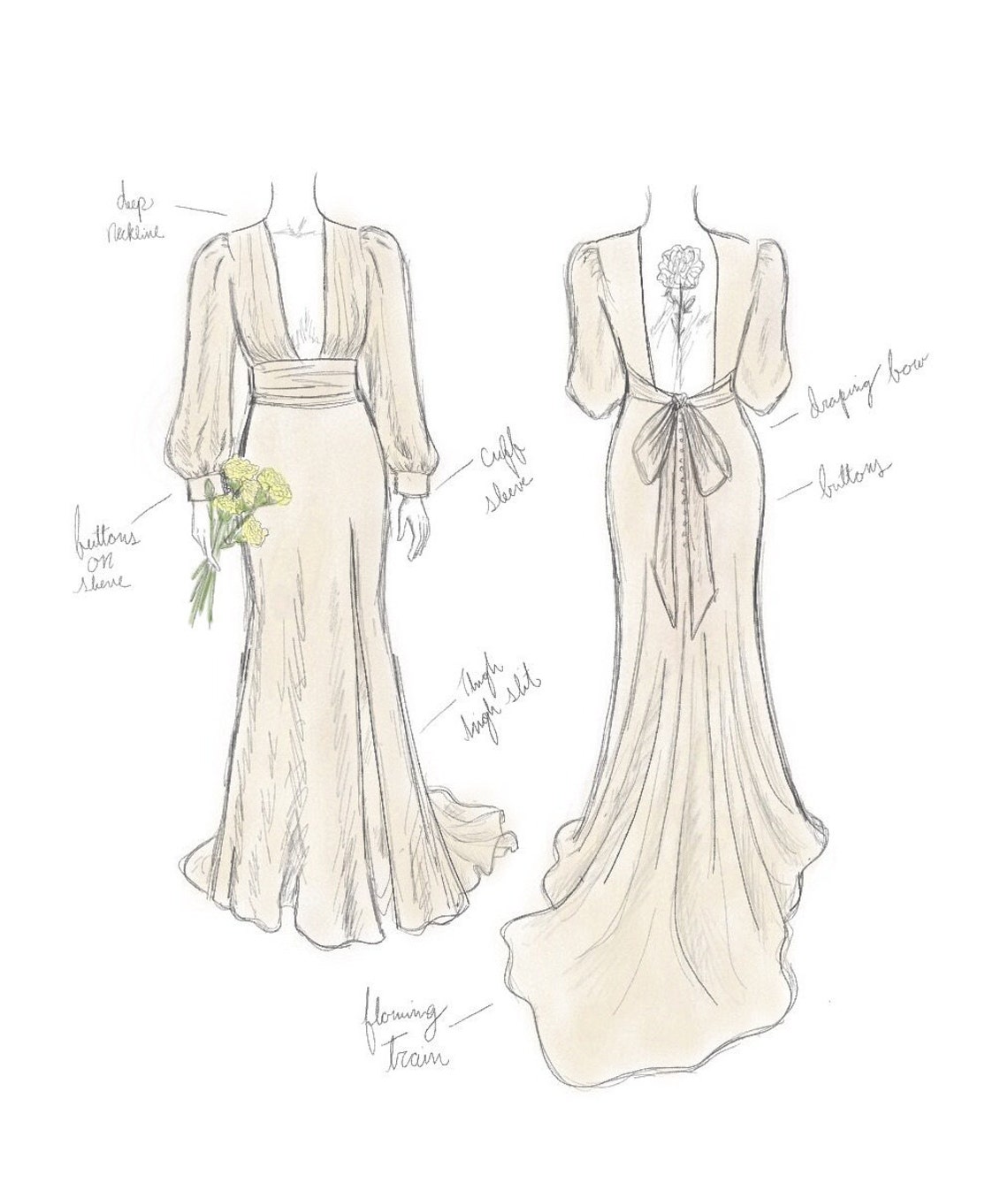 Custom Wedding Dress Sketch Front and Back Bridal Gown Design Print