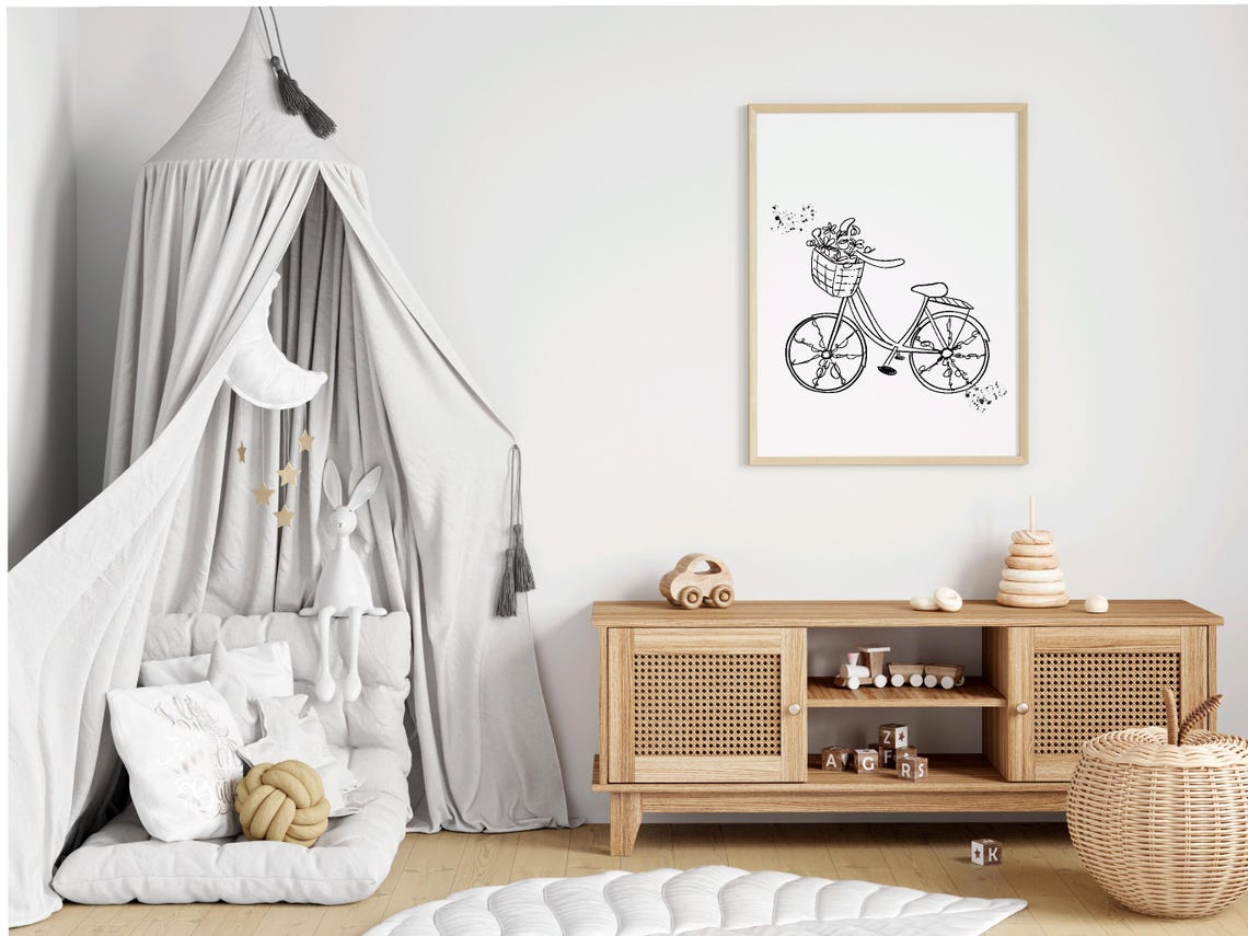 Vintage Bicycle with Flower Basket Line Sketch Nursery Wall Art - Image 3