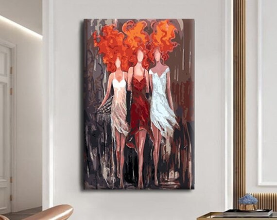Three Women Fiery Red Hair Elegant Dresses Friendship Art Print