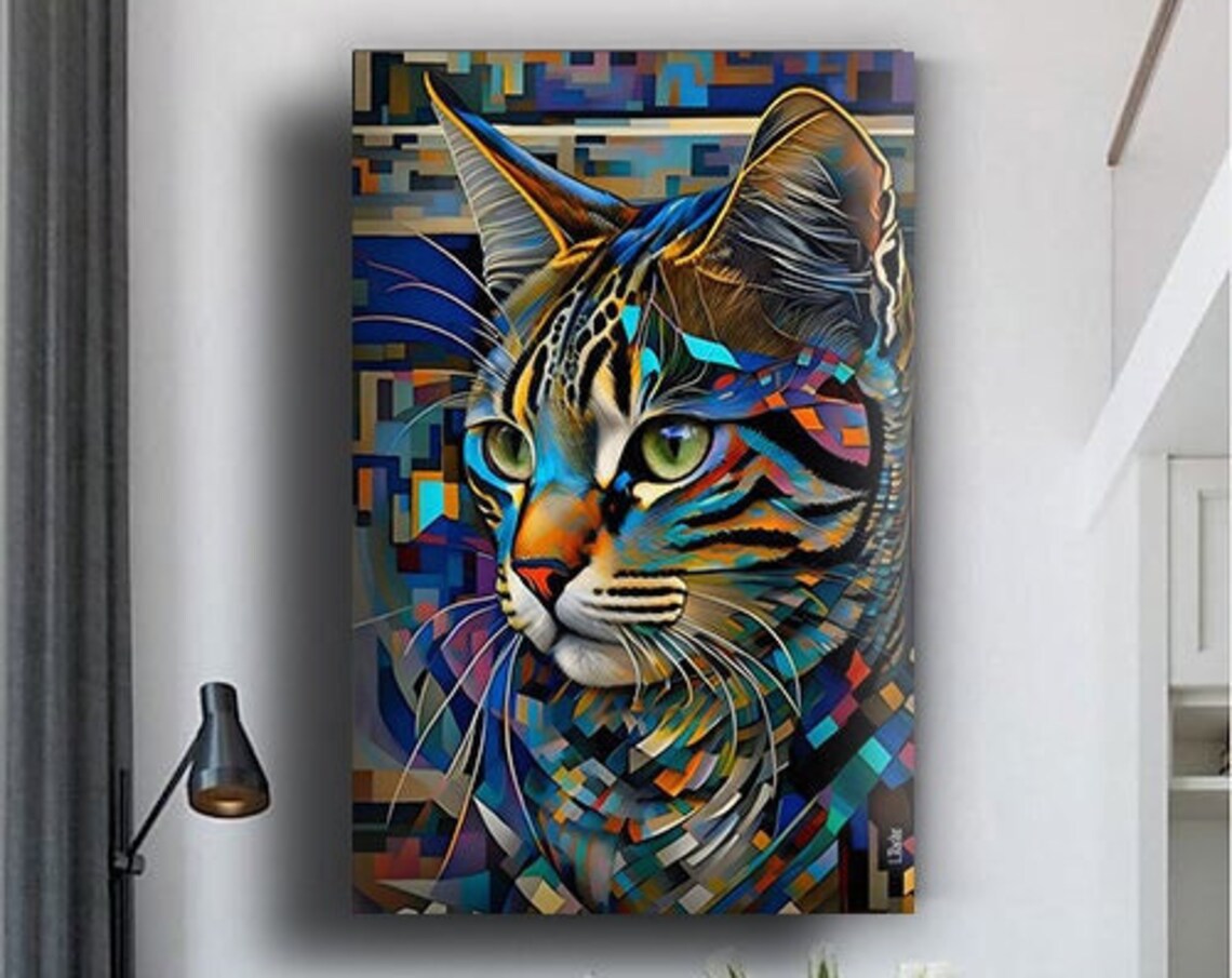 Colorful Mosaic Cat Portrait Geometric Modern Animal Wall Art Print - Image 4