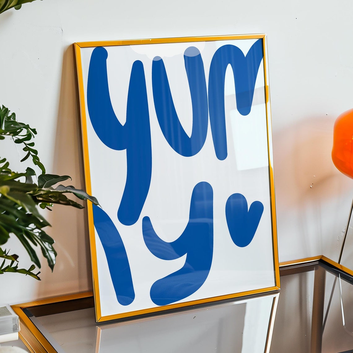 Bold Blue Handwritten Wall Art Modern Instant Yummy With Heart Accent Minimalist Home Decor Gift