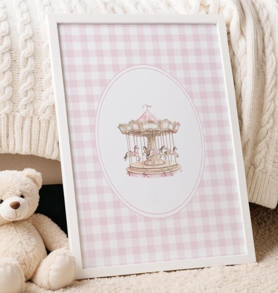 Pink Gingham Carousel Watercolor Girls Nursery Vintage Poster