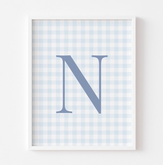 Blue Gingham Initial N Poster Personalized Baby Boy Nursery Decor