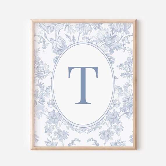 Blue Toile Letter T Nursery Art Print Chinoiserie Floral Initial Decor