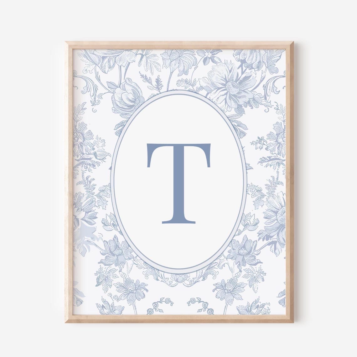 Blue Toile Letter T Nursery Art Print Chinoiserie Floral Initial Decor
