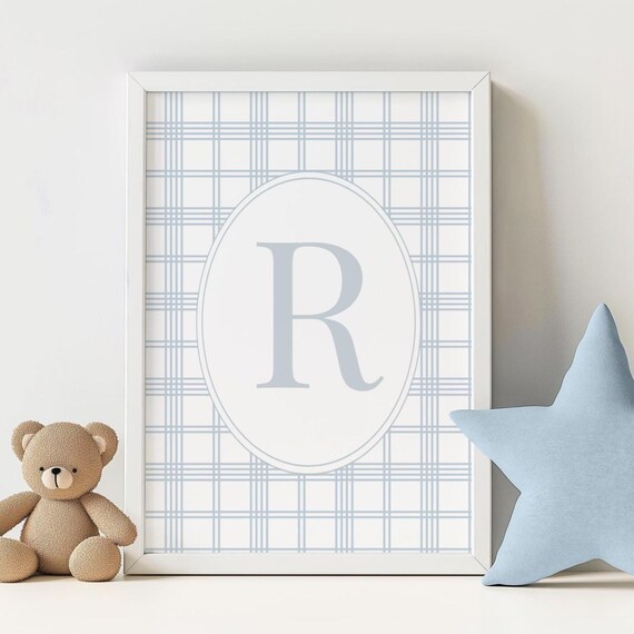 Blue Plaid Initial R Poster Personalized Boy Nursery Wall Decor