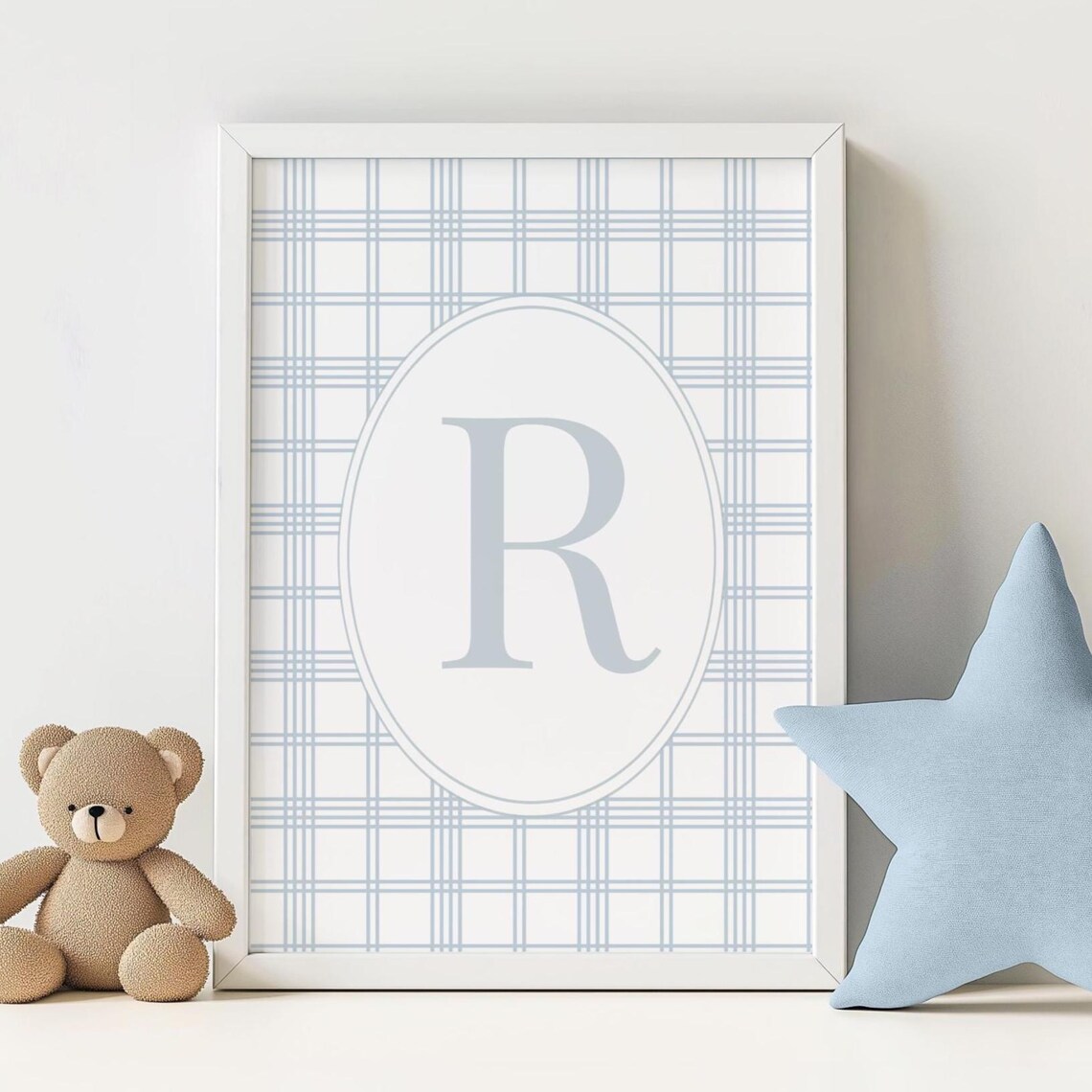 Blue Nursery Plaid Wall Decor Boy Initial Art Last Minute Newborn Baby Gift Pastel Personalized Framed