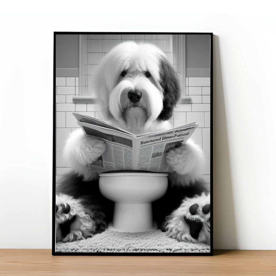 Funny Old English Sheepdog Bathroom Wall Art English Sheepdog Sitting On Toilet Sheepdog Bathroom Decor Sheepdog Owner