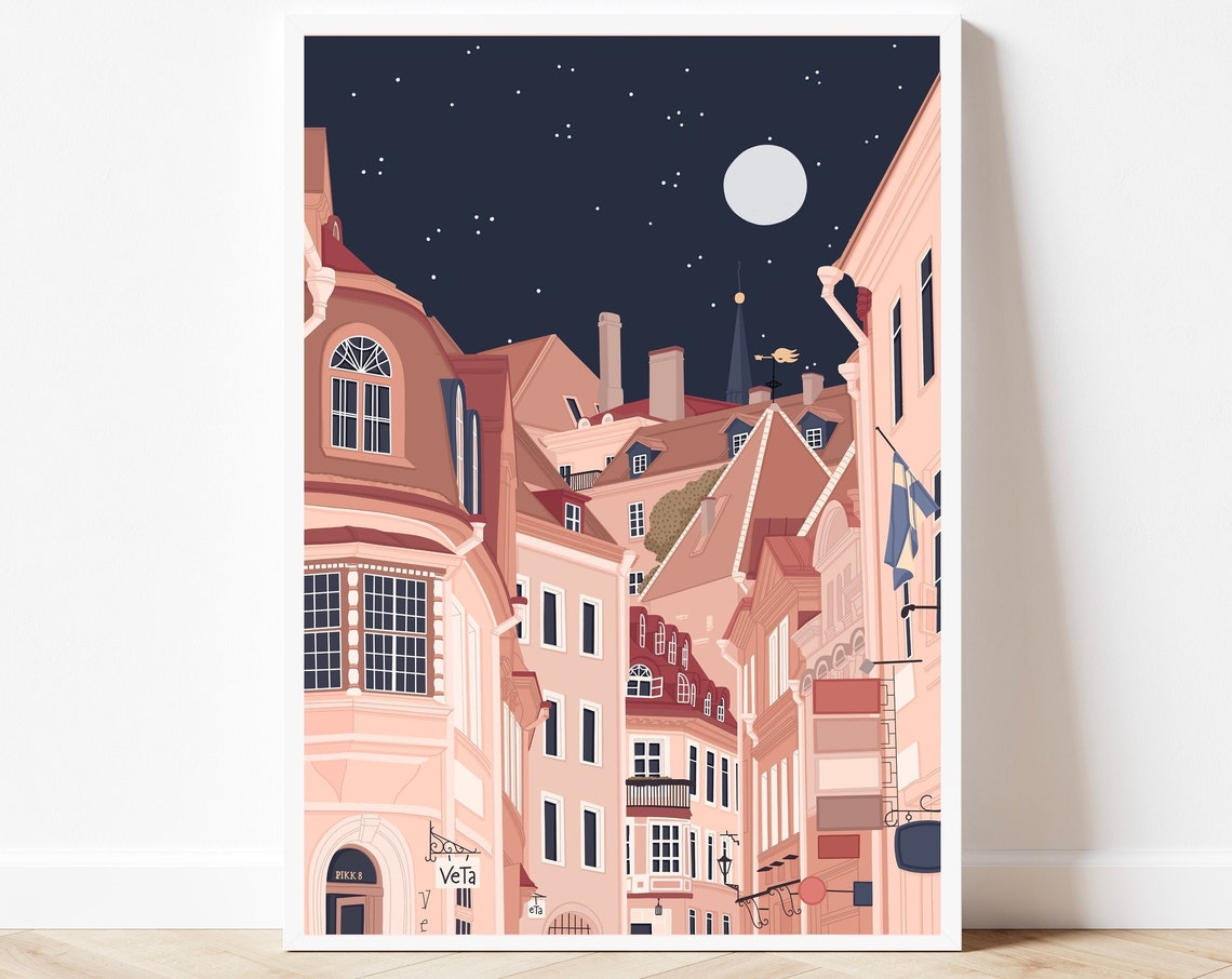 Tallinn Estonia Art Print Estonia Art Print Tallinn Travel Print Tallinn Illustration Tallinn At Night