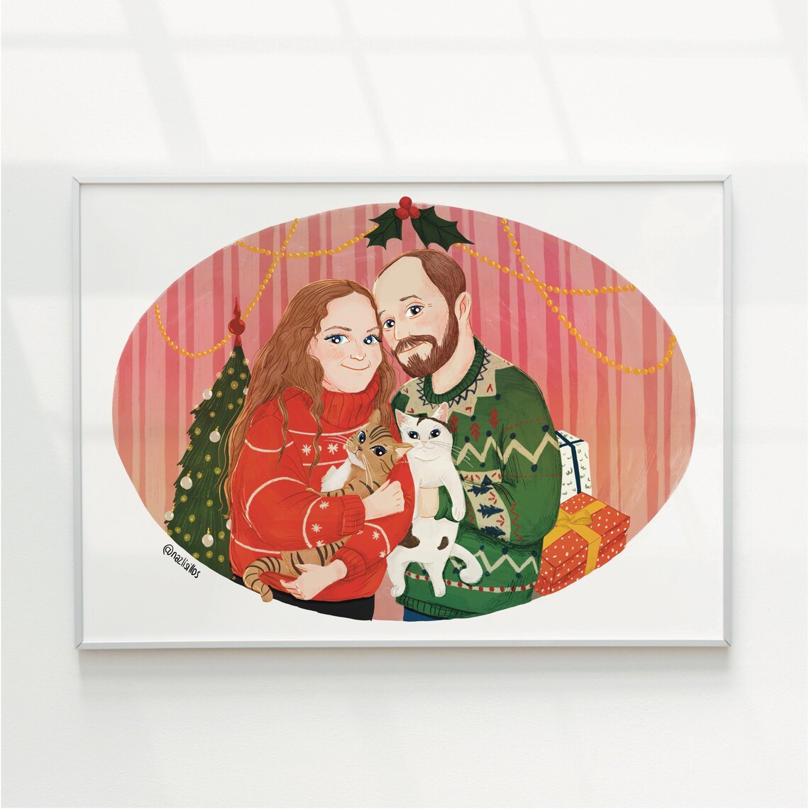 Family Baby and Three Cats Custom Illustrated Portrait Print - Image 3