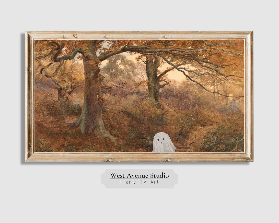 Vintage Autumn Woods Painting with Cute Hidden Ghost Fall Halloween Art Poster - Image 3