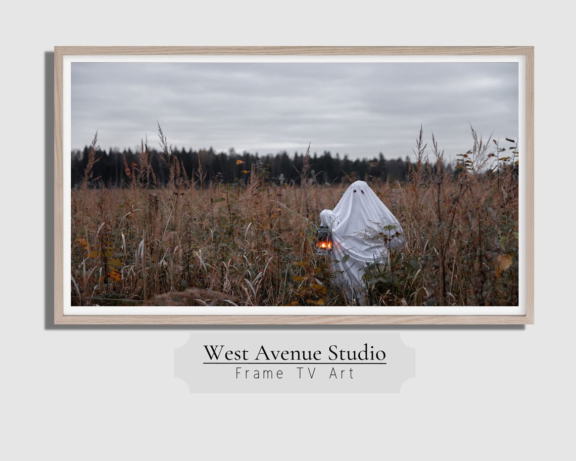 Cute Sheet Ghost Holding Lantern in Fall Meadow Spooky Halloween Photo Poster - Image 4