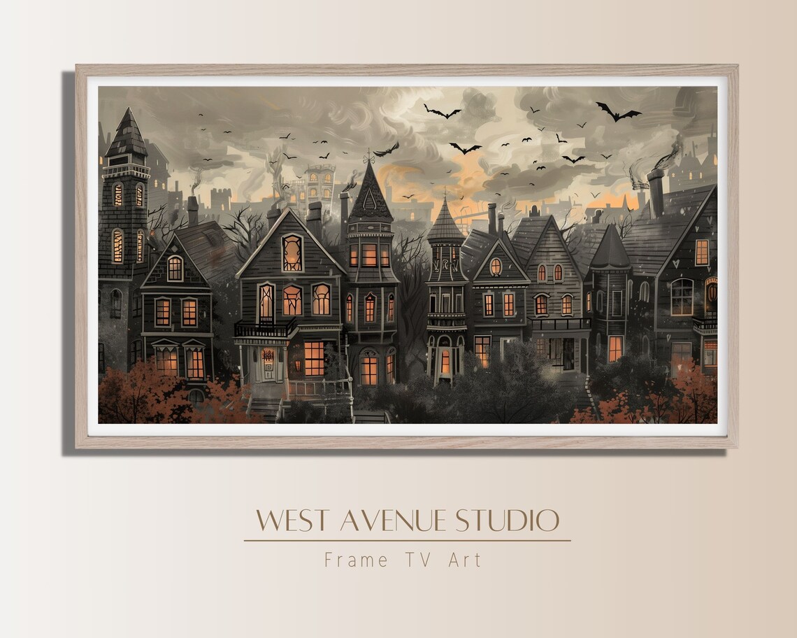 Haunted Village Dusk Bats Over Old Houses Glowing Windows Halloween Poster - Image 2