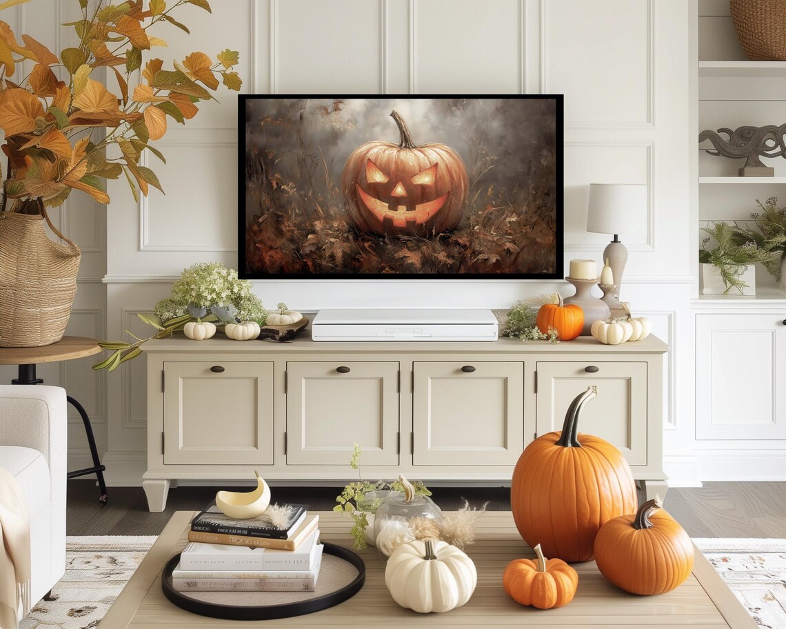 Glowing Jack O Lantern Autumn Field Misty Halloween Pumpkin Painting Poster - Image 4