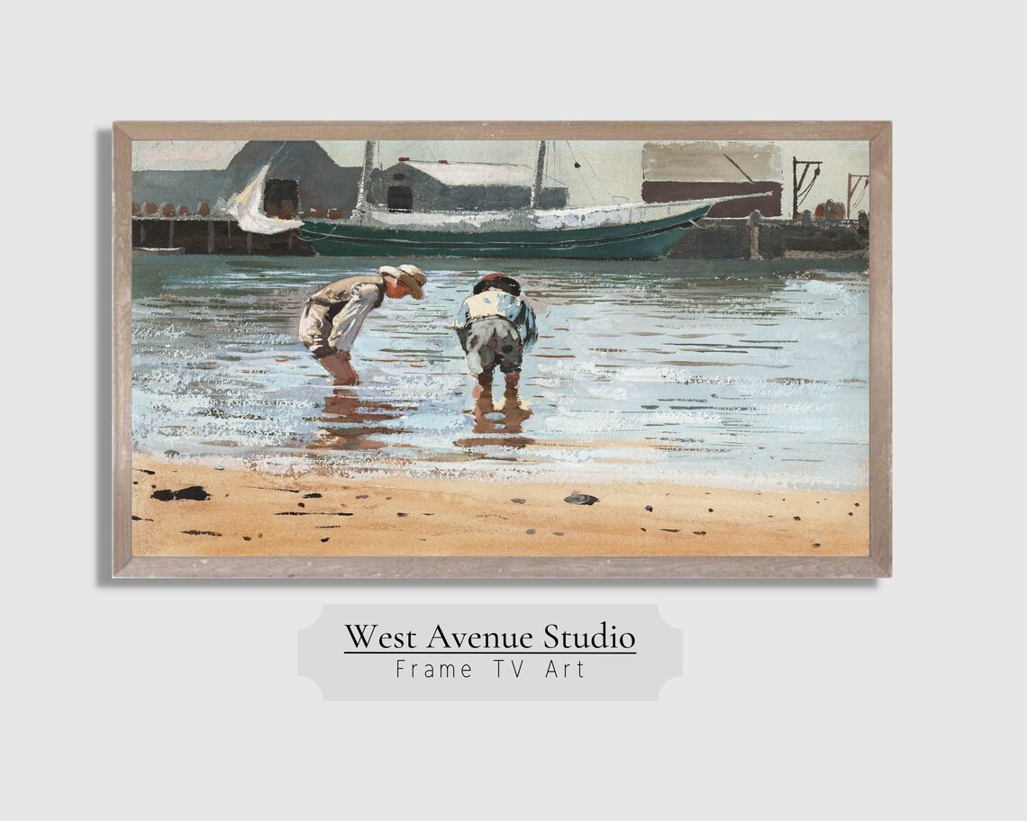 Vintage Boys Wading Harbor Fishing Boat Summer Beach Painting Poster