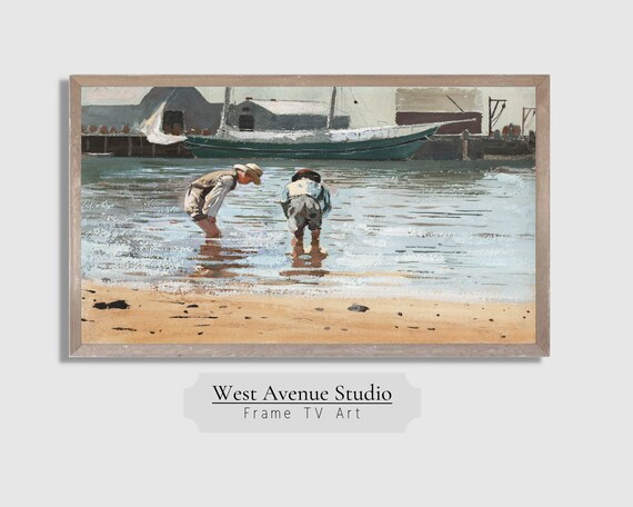 Vintage Boys Wading Harbor Fishing Boat Summer Beach Painting Poster