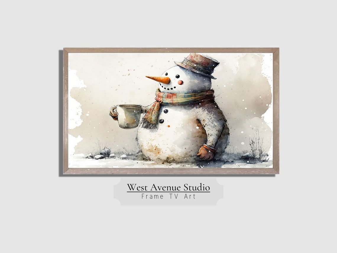 Watercolor Snowman Holding Hot Cocoa Top Hat Scarf Cozy Winter Poster