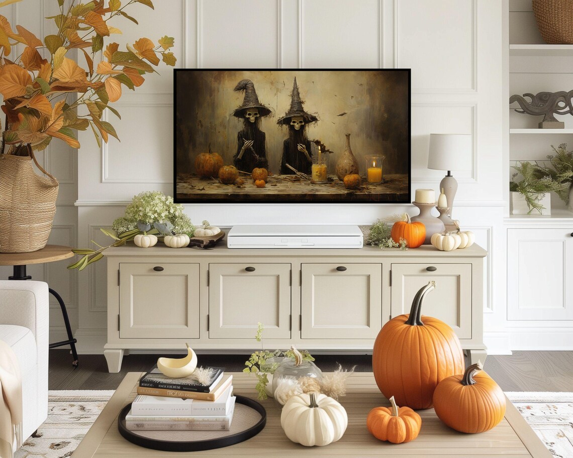 Skeleton Witches At Table With Pumpkins Candles Dark Halloween Art Poster - Image 3
