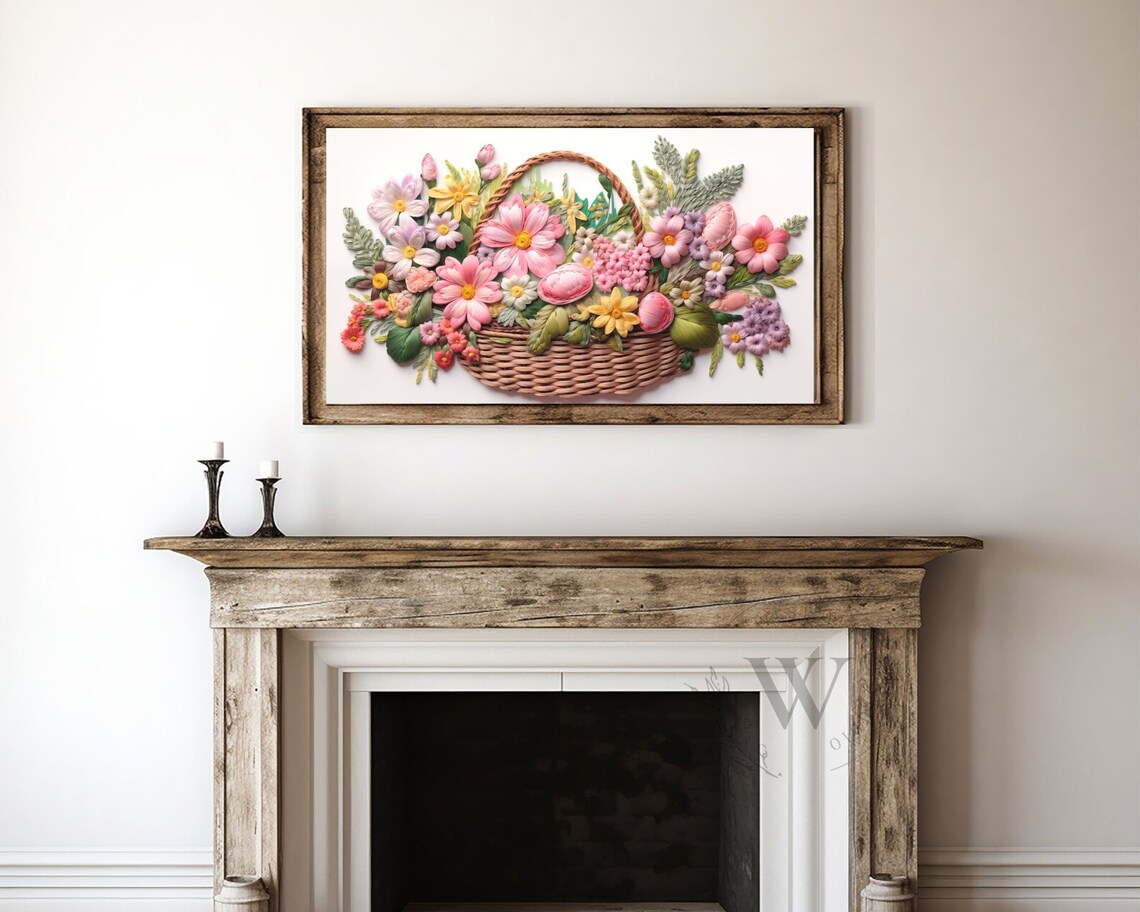 Embroidered Spring Flower Basket Wicker Pastel Botanical Wall Art Poster - Image 4
