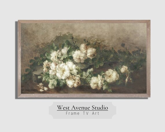 Vintage White Roses Dark Background Antique Botanical Painting Poster