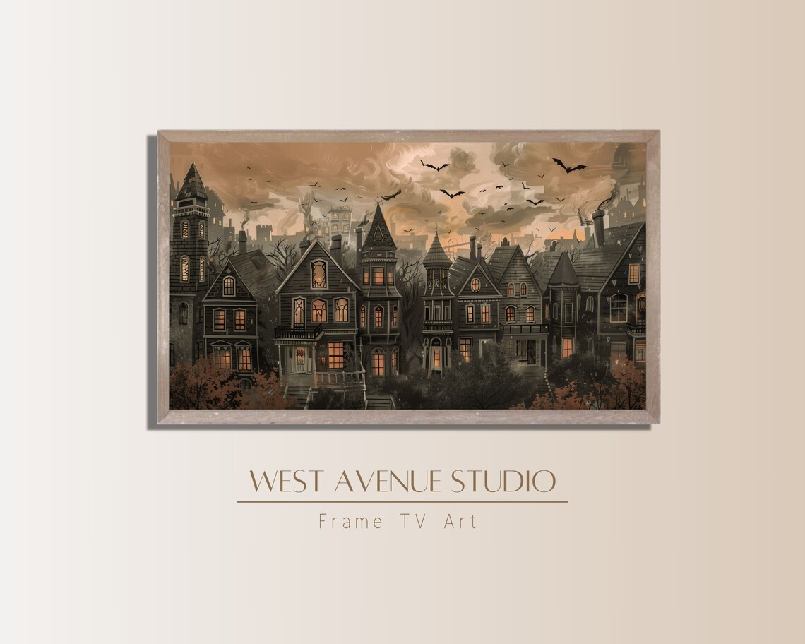 Haunted Houses At Sunset Bats In Sky Glowing Windows Halloween Art Poster - Image 3