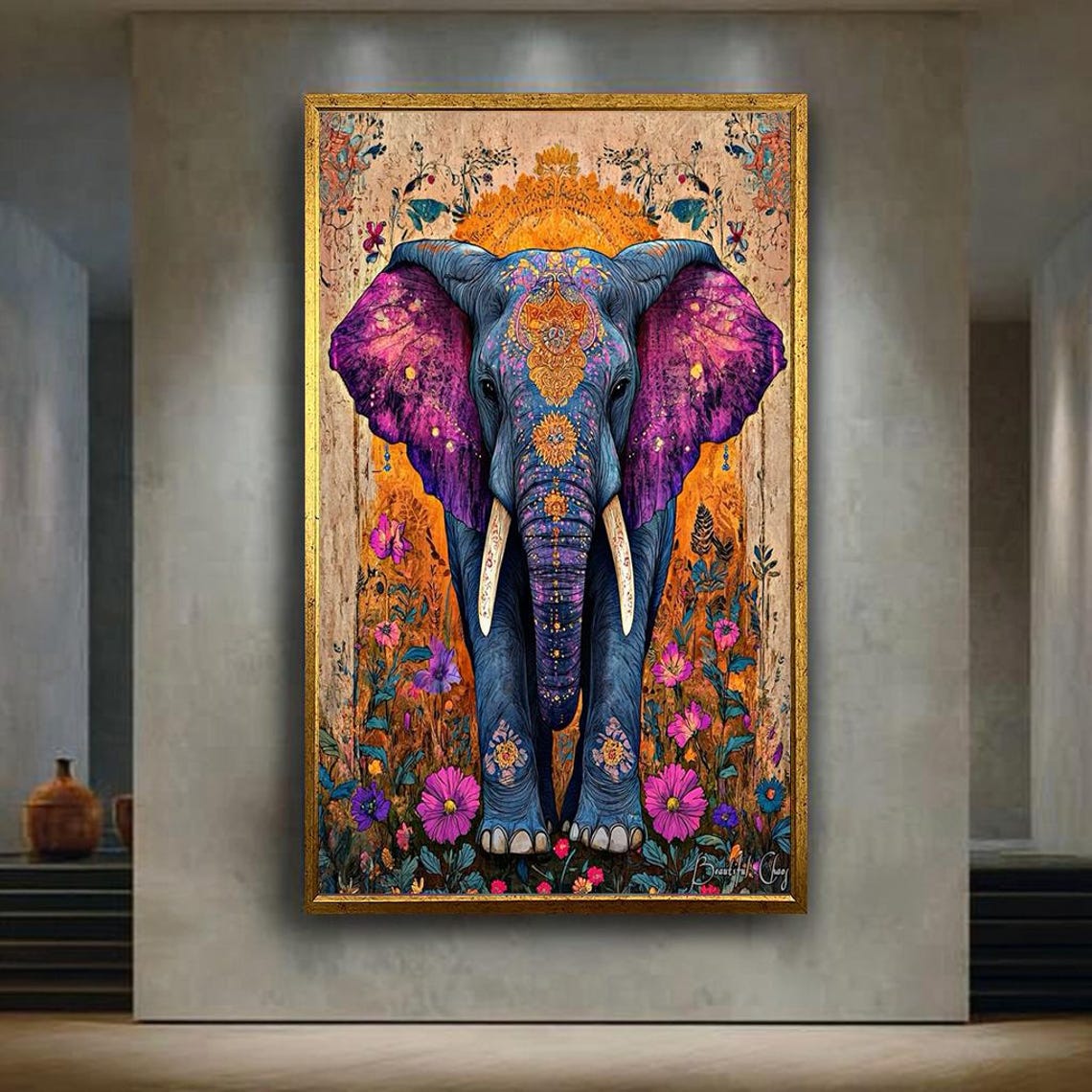 Boho Blue Elephant Mandala Floral Decor Colorful Wildlife Wall Art