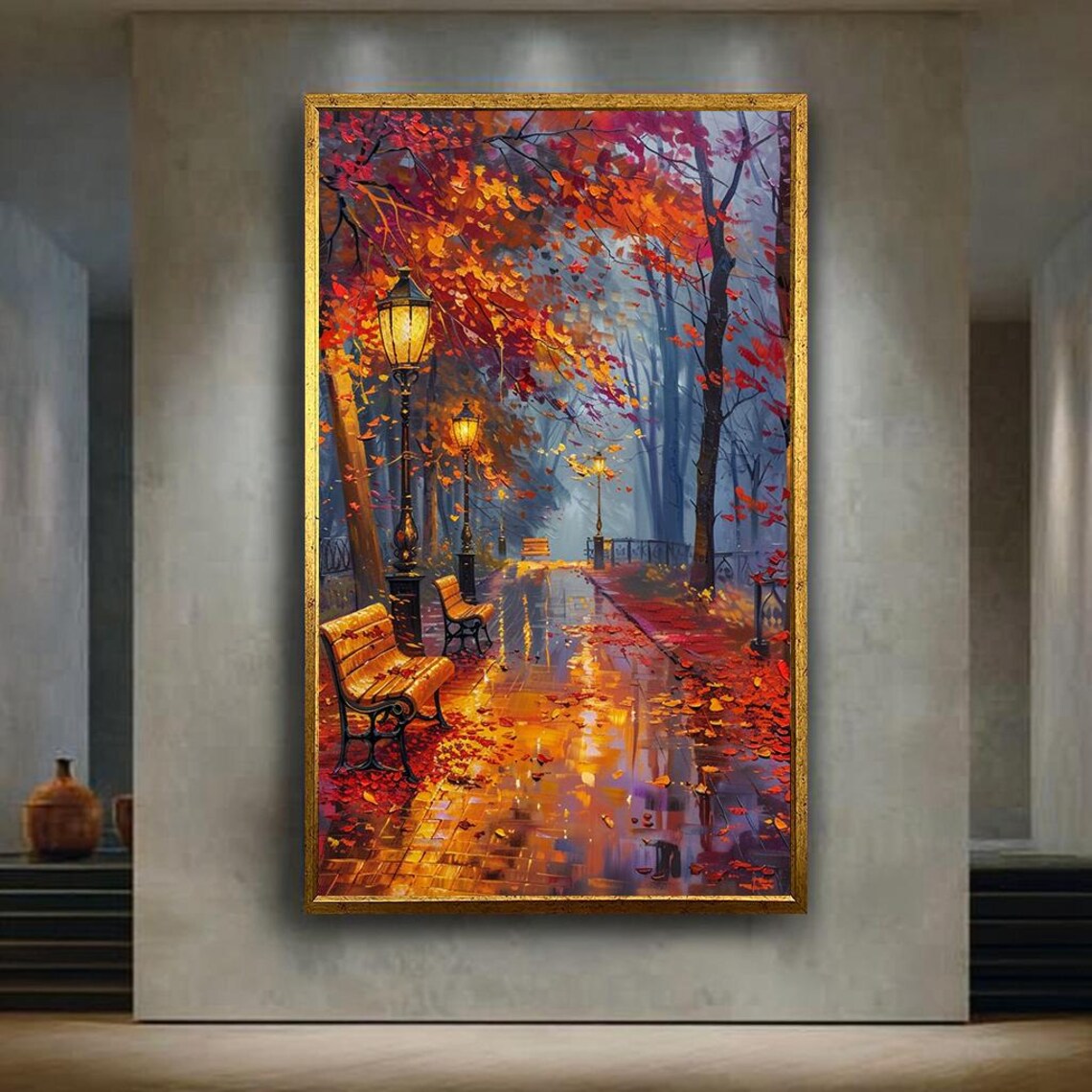 Romantic Autumn Park Art Print, Moody Fall Scene