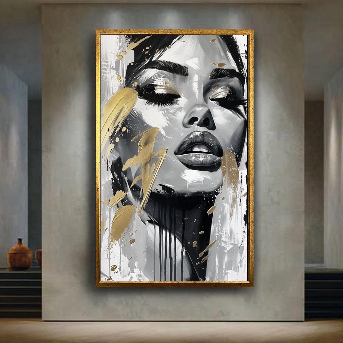 Gold And Black Abstract Woman Canvas Wall Art Print Bold Modern Fashion Portrait Painting Luxury Feminine Decor For Salon Or Stylish Home