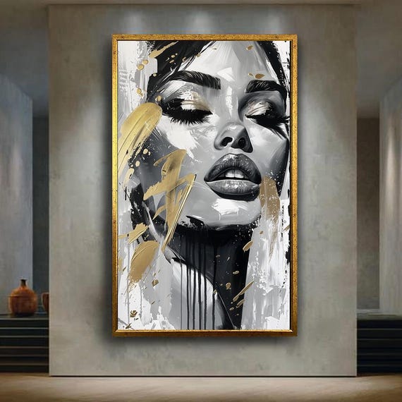 Gold And Black Abstract Woman Canvas Wall Art Print Bold Modern Fashion Portrait Painting Luxury Feminine Decor For Salon Or Stylish Home