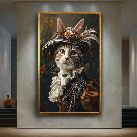 Renaissance Cat Portrait Victorian Hat Feather Regal Funny Wall Art
