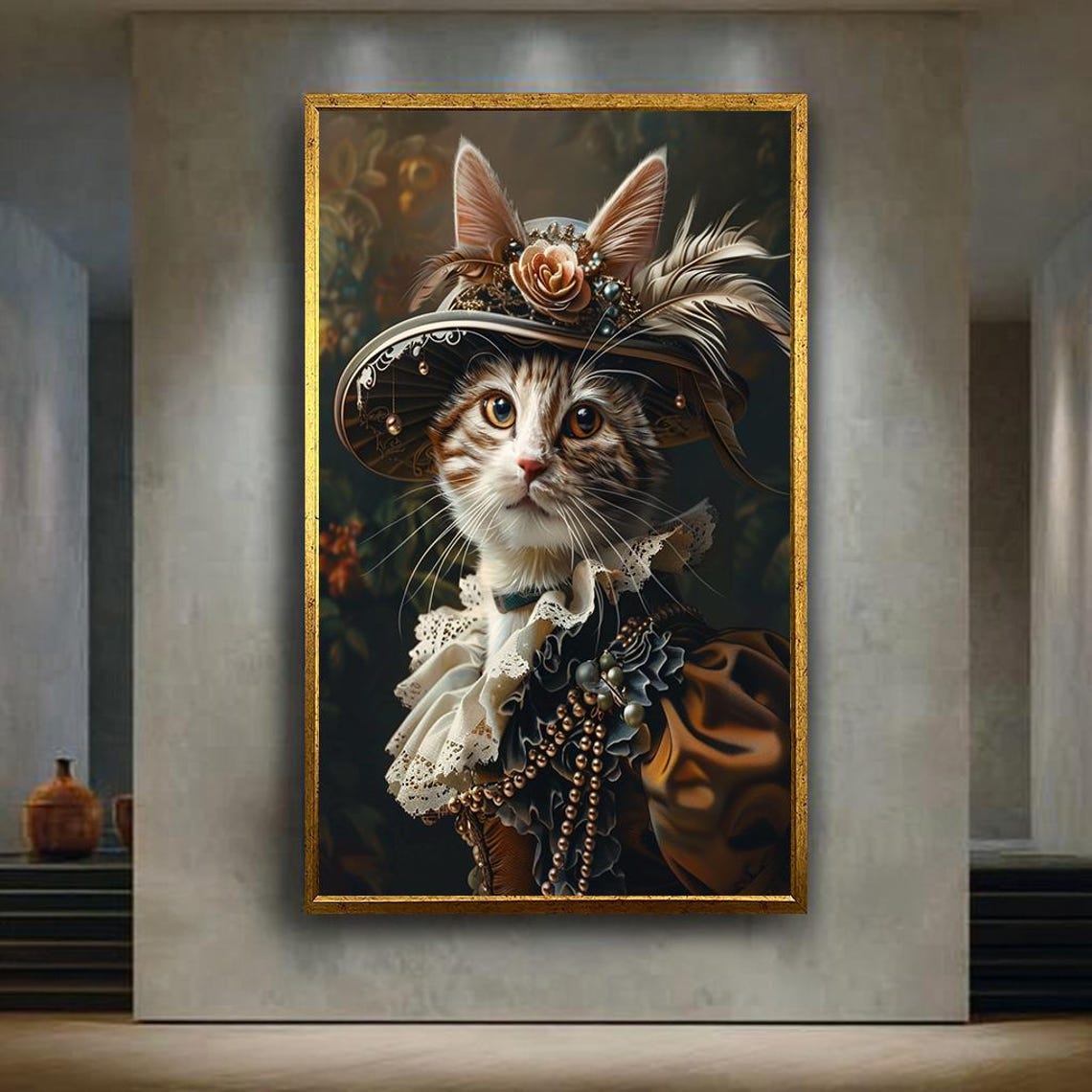 Renaissance Cat Portrait Victorian Hat Feather Regal Funny Wall Art