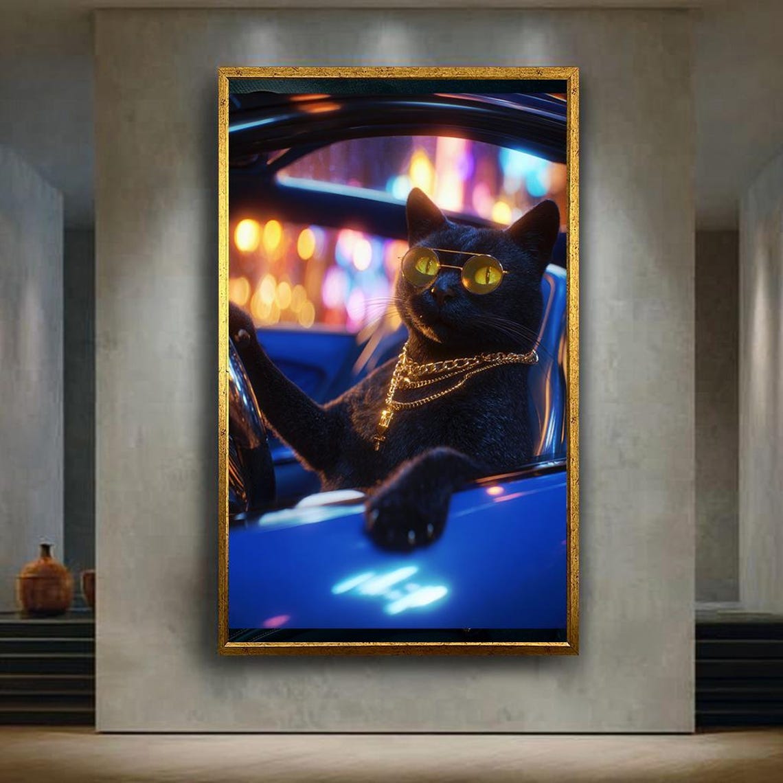 Cool Black Cat with Gold Chain Driving Sports Car Night Poster