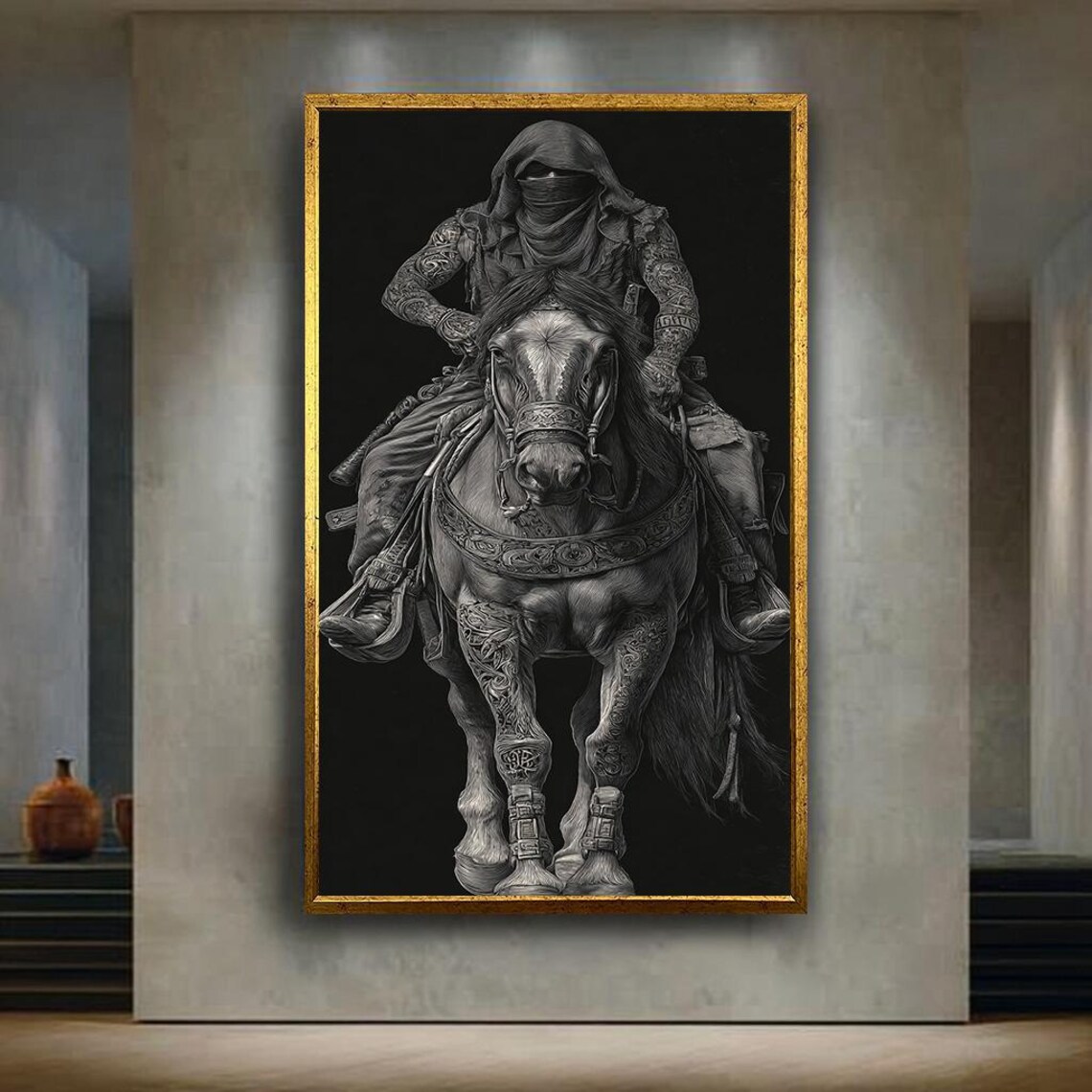 Dark Hooded Tattooed Rider on Horseback Monochrome Fantasy Poster