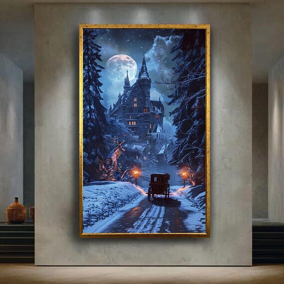 Moonlit Winter Castle Wall Art Snowy Night Fantasy Canvas Print Horse Carriage Gothic Poster For Holiday Or Cozy Home Decor Gift