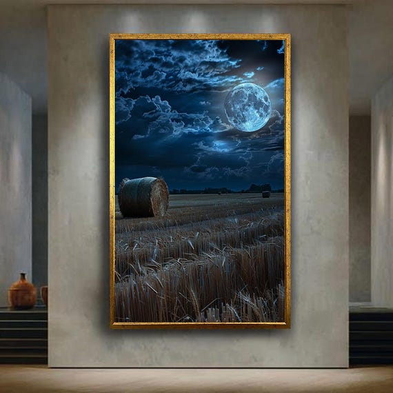Full Moon Over Harvest Field Canvas Wall Art Mystical Rural Night Landscape With Hay Bales For Nature Lovers Or Rustic Home Decor